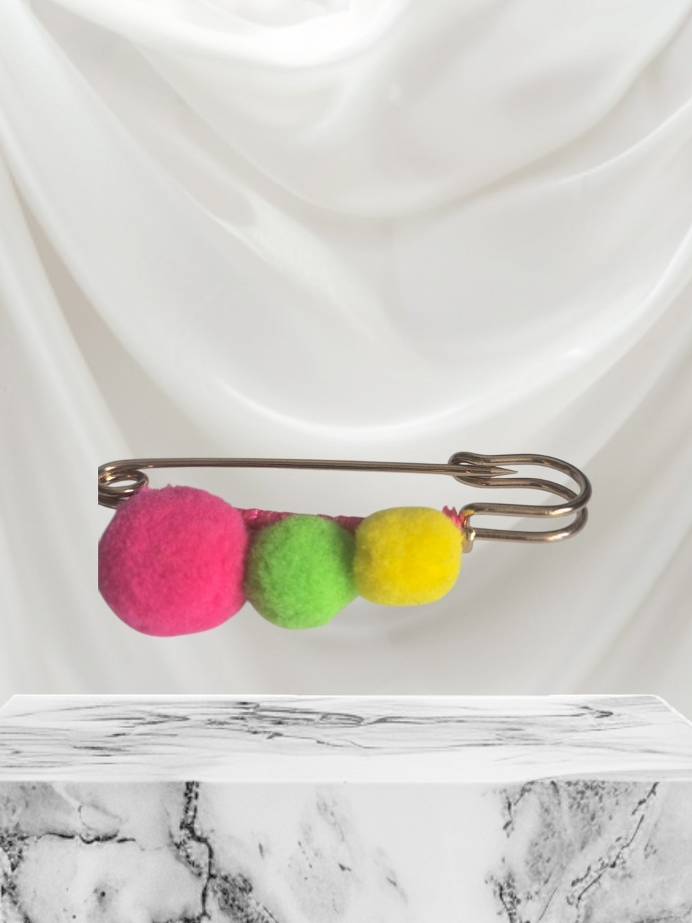 Kids Safety Pin with Pink, Green & Yellow Pom-Poms